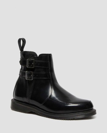 Dr Martens Flora Smooth Leather Buckle Chelsea Cizmy Damske Čierne | 5870-ROMIC